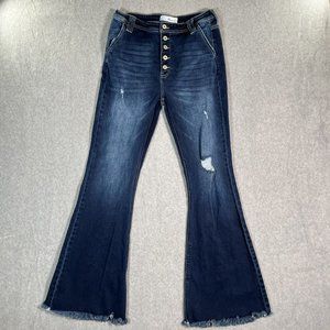 Kancan Jeans Women 13 Dark Blue Denim Stretch Sage High Rise Button Fly Wide Leg